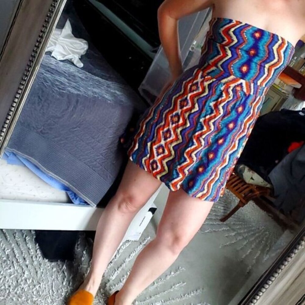 Love Riche Strapless Colorful Ikat Tie Back Mini Dress